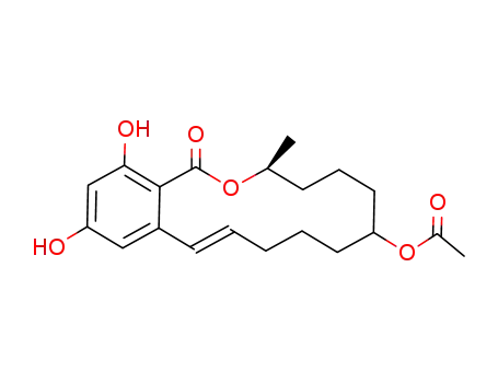 Molecular Structure of 138604-67-8 (Acetic acid (E)-(S)-2,4-dihydroxy-7-methyl-5-oxo-7,8,9,10,11,12,13,14-octahydro-5H-6-oxa-benzocyclotetradecen-11-yl ester)