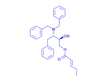 Molecular Structure of 871948-96-8 (PENT-2-ENOIC ACID (2R,3S)-3-DIBENZYLAMINO-2-HYDROXY-4-PHENYLBUTYL ESTER)