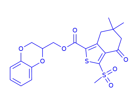Molecular Structure of 873189-11-8 (Benzo[c]thiophene-1-carboxylic acid, 4,5,6,7-tetrahydro-6,6-dimethyl-3-(methylsulfonyl)-4-oxo-, (2,3-dihydro-1,4-benzodioxin-2-yl)methyl ester)