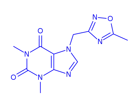 Molecular Structure of 88338-63-0 (3,7-Dihydro-1,3-dimethyl-7-((5-methyl-1,2,4-oxadiazol-3-yl)methyl)-1H- purine-2,6-dione)