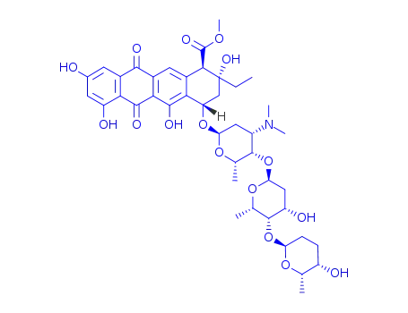 Molecular Structure of 80839-99-2 (methyl 2-ethyl-2,5,7,9-tetrahydroxy-6,11-dioxo-4-({2,3,6-trideoxy-4-O-[2,6-dideoxy-4-O-(5-hydroxy-6-methyltetrahydro-2H-pyran-2-yl)hexopyranosyl]-3-(dimethylamino)hexopyranosyl}oxy)-1,2,3,4,6,11-hexahydrotetracene-1-carboxylate)