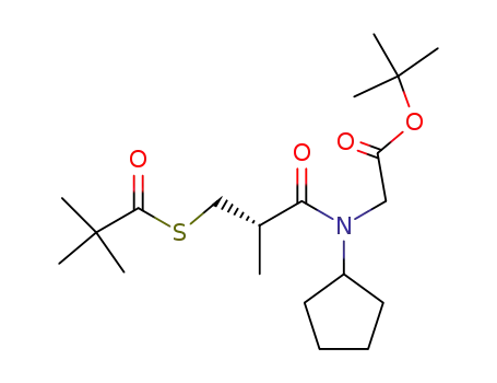 Molecular Structure of 93040-18-7 (Glycine,
N-cyclopentyl-N-[3-[(2,2-dimethyl-1-oxopropyl)thio]-2-methyl-1-oxoprop
yl]-, 1,1-dimethylethyl ester, (S)-)