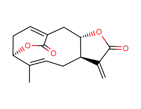 Molecular Structure of 82003-39-2 ([3aR,5E,7R,11aS,(+)]-3,3a,4,7,11,11a-Hexahydro-6-methyl-3-methylene-9H-7,10-ethanylylidene-2H-furo[2,3-e]oxecin-2,9-dione)