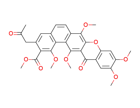 Molecular Structure of 137787-68-9 (13H-Naphtho[1,2-b]xanthene-2-carboxylic acid,
1,7,10,11,14-pentamethoxy-13-oxo-3-(2-oxopropyl)-, methyl ester)