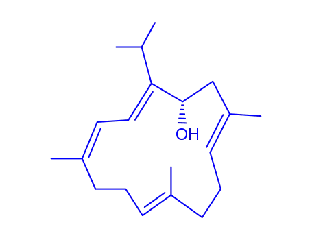 Molecular Structure of 125710-44-3 (2,4,8,12-Cyclotetradecatetraen-1-ol,5,9,13-trimethyl-2-(1-methylethyl)-, (1S,2E,4Z,8E,12E)-)