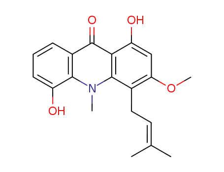 Molecular Structure of 82354-36-7 (1,5-Dihydroxy-3-methoxy-10-methyl-4-(3-methyl-2-butenyl)acridin-9(10H)-one)