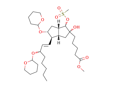 Molecular Structure of 88911-31-3 (2-Pentalenepentanoic acid,
octahydro-2-hydroxy-1-[(methylsulfonyl)oxy]-5-[(tetrahydro-2H-pyran-2-yl
)oxy]-4-[3-[(tetrahydro-2H-pyran-2-yl)oxy]-1-octenyl]-, methyl ester)