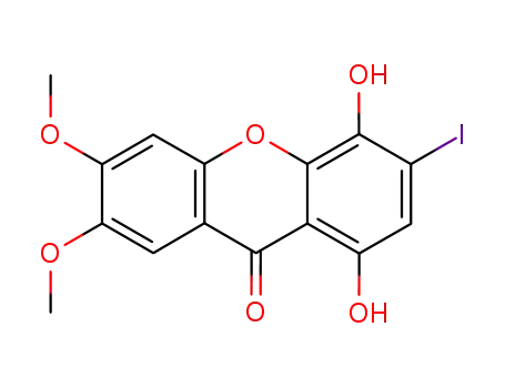 Molecular Structure of 121442-58-8 (1,4-Dihydroxy-3-iodo-6,7-dimethoxy-xanthen-9-one)