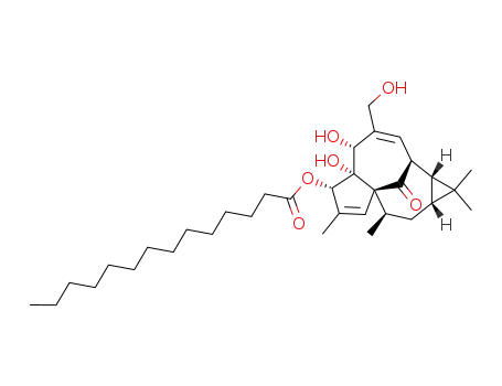 Molecular Structure of 83036-62-8 ((1aR,2S,5R,5aS,6S,8aS,9R)-5,5a-dihydroxy-4-(hydroxymethyl)-1,1,7,9-tetramethyl-11-oxo-1a,2,3,4,5,5a,6,9,10,10a-decahydro-1H-2,8a-methanocyclopenta[a]cyclopropa[e][10]annulen-6-yl tetradecanoate)