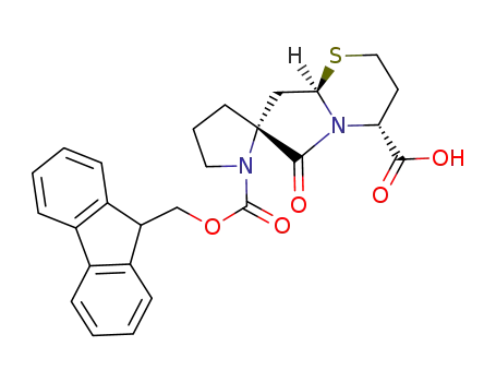 Molecular Structure of 894786-97-1 ((2R,4'R,8a'R)-1-[(9H-fluoren-9-ylmethoxy)carbonyl]-6'-oxotetrahydro-2'H-spiro[pyrrolidine-2,7'-pyrrole[2,1-b][1,3]thiazine]-4'-carboxylic acid)