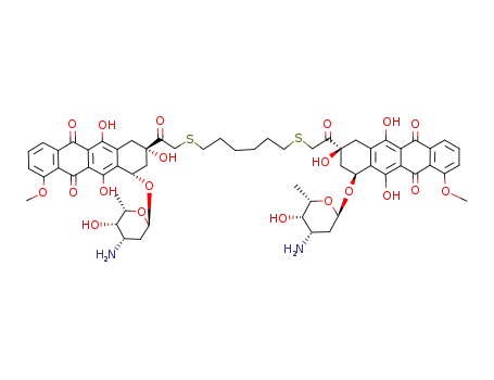 Molecular Structure of 83291-75-2 (3-[({6-[(2-{4-[(3-amino-2,3,6-trideoxyhexopyranosyl)oxy]-2,5,12-trihydroxy-7-methoxy-6,11-dioxo-1,2,3,4,6,11-hexahydrotetracen-2-yl}-2-oxoethyl)sulfanyl]hexyl}sulfanyl)acetyl]-3,5,12-trihydroxy-10-methoxy-6,11-dioxo-1,2,3,4,6,11-hexahydrotetracen-1-yl 3-a)
