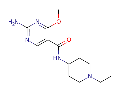 Molecular Structure of 84332-23-0 (2-Amino-N-(1-ethyl-4-piperidyl)-4-methoxy-5-pyrimidinecarboxamide)