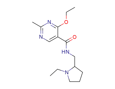 Molecular Structure of 84332-33-2 (5-Pyrimidinecarboxamide, 4-ethoxy-N-((1-ethyl-2-pyrrolidinyl)methyl)-2 -methyl-)