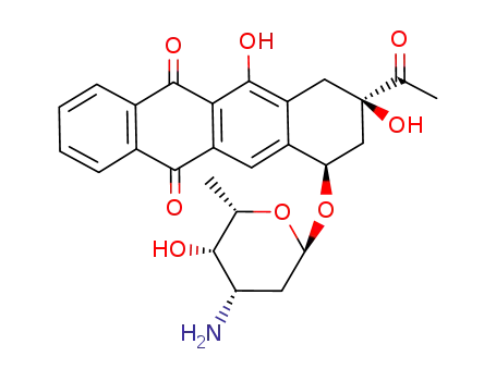 Molecular Structure of 84082-03-1 (3-acetyl-3,5-dihydroxy-6,11-dioxo-1,2,3,4,6,11-hexahydrotetracen-1-yl 3-amino-2,3,6-trideoxyhexopyranoside)
