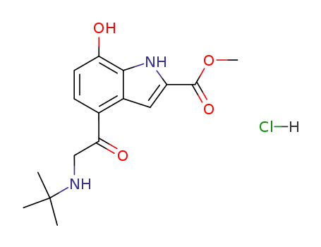 Molecular Structure of 84638-80-2 (1H-Indole-2-carboxylic acid,
4-[[(1,1-dimethylethyl)amino]acetyl]-7-hydroxy-, methyl ester,
monohydrochloride)
