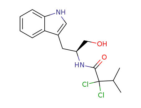 Molecular Structure of 117951-77-6 (Butanamide,
2,2-dichloro-N-[1-(hydroxymethyl)-2-(1H-indol-3-yl)ethyl]-3-methyl-, (S)-)