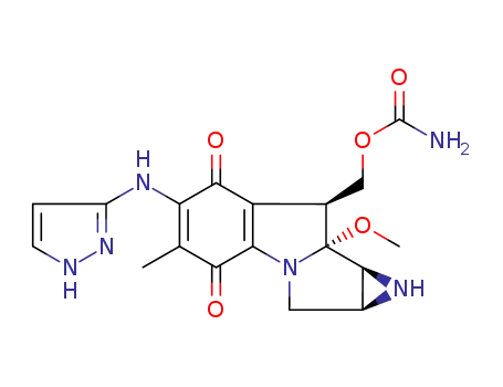 Molecular Structure of 84397-45-5 ((1aS,8S,8aR,8bS)-8-[[(Aminocarbonyl)oxy]methyl]-1,1a,2,8,8a,8b-hexahydro-8a-methoxy-5-methyl-6-(1H-pyrazole-3-ylamino)azirino[2',3':3,4]pyrrolo[1,2-a]indole-4,7-dione)