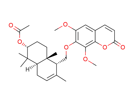 Molecular Structure of 87758-32-5 ((2S,4aR,5R,8aS)-5-{[(6,8-dimethoxy-2-oxo-2H-chromen-7-yl)oxy]methyl}-1,1,4a,6-tetramethyl-1,2,3,4,4a,5,8,8a-octahydronaphthalen-2-yl acetate)
