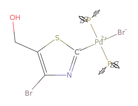 Molecular Structure of 918164-48-4 (PdBr(P(C<sub>6</sub>H<sub>5</sub>)3)2C<sub>3</sub>NSBrCH<sub>2</sub>OH)