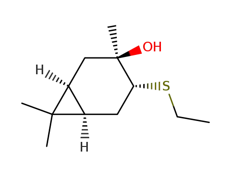 Molecular Structure of 127181-80-0 ((1S,3R,4R,6R)-4-Ethylsulfanyl-3,7,7-trimethyl-bicyclo[4.1.0]heptan-3-ol)