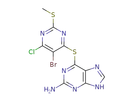 Molecular Structure of 90766-92-0 (1H-Purin-2-amine, 6-[[5-bromo-6-chloro-2-(methylthio)-4-pyrimidinyl]th io]-)