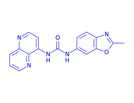 Molecular Structure of 792173-99-0 (N-(2-METHYL-6-BENZOOXAZOLYL)-N''-1,5-NAPHTHYRIDIN-4-YL UREA)