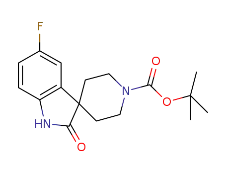 Molecular Structure of 866028-06-0 (5-FLUORO-1,2-DIHYDRO-2-OXO-SPIRO[3H-INDOLE-3,4'-PIPERIDINE]-1'-CARBOXYLIC ACID 1,1-DIMETHYLETHYL ESTER)