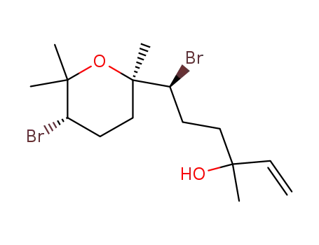 Molecular Structure of 79406-07-8 (3,4,5,6-Tetrahydro-δ,5-dibromo-α-vinyl-α,2,6,6-tetramethyl-2H-pyran-2-butan-1-ol)