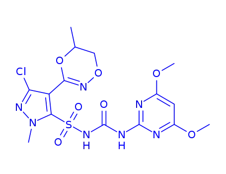 Molecular Structure of 868680-84-6 (3-chloro-N-[(4,6-dimethoxypyrimidin-2-yl)carbamoyl]-1-methyl-4-(5-methyl-5,6-dihydro-1,4,2-dioxazin-3-yl)-1H-pyrazole-5-sulfonamide)