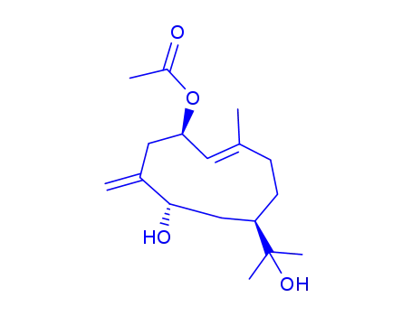 Molecular Structure of 86787-28-2 ((1R,2E,6R,8S)-8-hydroxy-6-(1-hydroxy-1-methylethyl)-3-methyl-9-methylidenecyclodec-2-en-1-yl acetate)