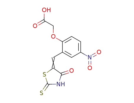Molecular Structure of 91330-51-7 ({4-nitro-2-[(4-oxo-2-thioxo-1,3-thiazolidin-5-ylidene)methyl]phenoxy}acetic acid)