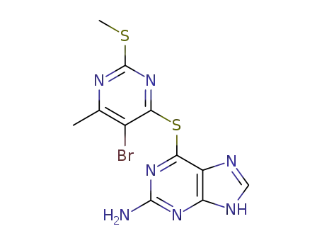 Molecular Structure of 91426-84-5 (6-{[5-bromo-6-methyl-2-(methylsulfanyl)pyrimidin-4-yl]sulfanyl}-5H-purin-2-amine)