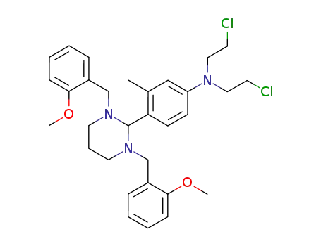 Molecular Structure of 916-32-5 (4-[1,3-bis(2-methoxybenzyl)hexahydropyrimidin-2-yl]-N,N-bis(2-chloroethyl)-3-methylaniline)