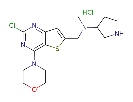 Molecular Structure of 956034-57-4 ((2-chloro-4-morpholin-4-yl-thieno[3,2,-d]pyrimidin-6-ylmethyl)-methyl-pyrrolidin-3-amine hydrochloride)