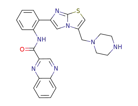 Molecular Structure of 925434-55-5 (N-[2-[3-(1-Piperazinylmethyl)imidazo[2,1-b]thiazol-6-yl]phenyl]-2-quinoxalinecarboxamide)