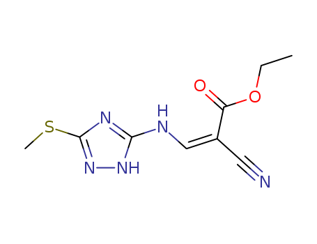 Molecular Structure of 113967-63-8 (2-Propenoic acid,
2-cyano-3-[[5-(methylthio)-1H-1,2,4-triazol-3-yl]amino]-, ethyl ester, (E)-)