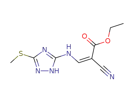 Molecular Structure of 113967-63-8 (2-Propenoic acid,
2-cyano-3-[[5-(methylthio)-1H-1,2,4-triazol-3-yl]amino]-, ethyl ester, (E)-)