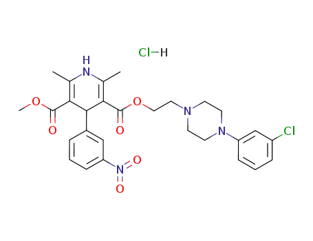 Molecular Structure of 90096-12-1 (3,5-Pyridinedicarboxylic acid,
1,4-dihydro-2,6-dimethyl-4-(3-nitrophenyl)-,
2-[4-(3-chlorophenyl)-1-piperazinyl]ethyl methyl ester,
monohydrochloride)