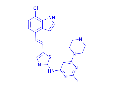 Molecular Structure of 936845-71-5 (4-Pyrimidinamine, N-[5-[(1E)-2-(7-chloro-1H-indol-4-yl)ethenyl]-2-thiazolyl]-2-methyl-6-(1-piperazinyl)-)