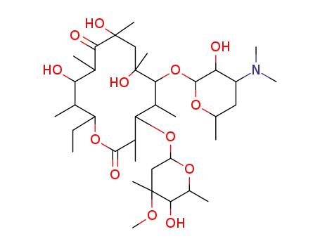 Molecular Structure of 36693-58-0 (6-{[4-(dimethylamino)-3-hydroxy-6-methyltetrahydro-2H-pyran-2-yl]oxy}-14-ethyl-7,9,12-trihydroxy-4-[(5-hydroxy-4-methoxy-4,6-dimethyltetrahydro-2H-pyran-2-yl)oxy]-3,5,7,9,11,13-hexamethyloxacyclotetradecane-2,10-dione (non-preferred name))