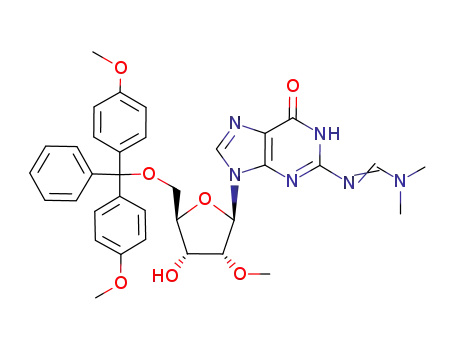 Molecular Structure of 128219-76-1 (N'-(9-{(2R,3R,4R,5R)-5-[Bis-(4-methoxy-phenyl)-phenyl-methoxymethyl]-4-hydroxy-3-methoxy-tetrahydro-furan-2-yl}-6-oxo-6,9-dihydro-1H-purin-2-yl)-N,N-dimethyl-formamidine)