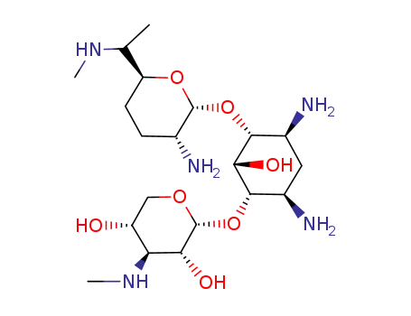 Molecular Structure of 66322-28-9 (4,6-diamino-3-{[3-deoxy-3-(methylamino)pentopyranosyl]oxy}-2-hydroxycyclohexyl 2-amino-2,3,4,6,7-pentadeoxy-6-(methylamino)heptopyranoside)