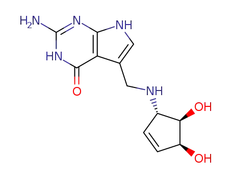Molecular Structure of 72496-59-4 (4-amino-9-[[[(1S,4S,5R)-4,5-dihydroxy-1-cyclopent-2-enyl]amino]methyl]-3,5,7-triazabicyclo[4.3.0]nona-3,8,10-trien-2-one)