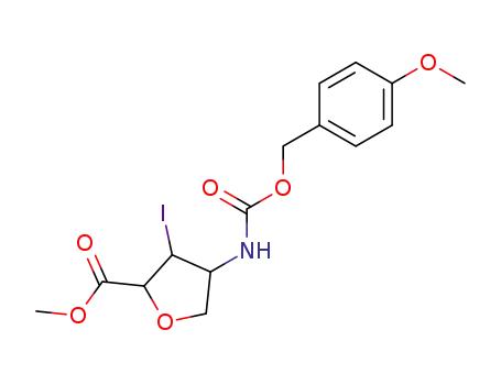 Molecular Structure of 96014-52-7 (2-Furancarboxylic acid,
tetrahydro-3-iodo-4-[[[(4-methoxyphenyl)methoxy]carbonyl]amino]-,
methyl ester)