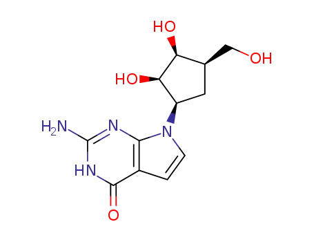 Molecular Structure of 97643-11-3 (2-amino-7-[(1R,2R,3S,4R)-2,3-dihydroxy-4-(hydroxymethyl)cyclopentyl]-1,7-dihydro-4H-pyrrolo[2,3-d]pyrimidin-4-one)