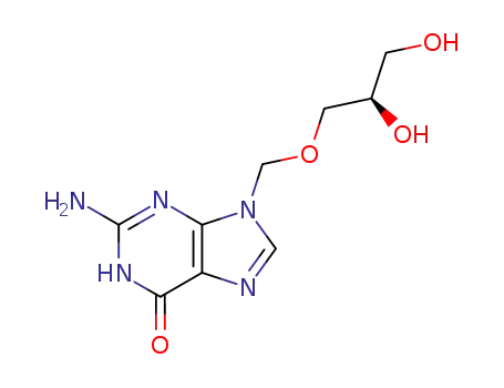 Molecular Structure of 96480-02-3 (6H-Purin-6-one,
2-amino-9-[(2,3-dihydroxypropoxy)methyl]-1,9-dihydro-, (R)-)