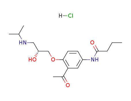 Molecular Structure of 96450-12-3 (Butanamide, N-[3-acetyl-4-[2-hydroxy-3-[(1-methylethyl)amino]propoxy]phenyl]-, monohydrochloride, (S)-)