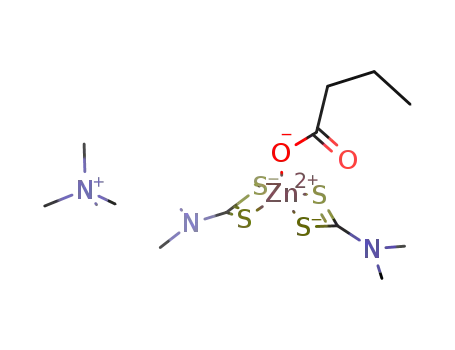Molecular Structure of 75642-76-1 (N(CH<sub>3</sub>)4<sup>(1+)</sup>*Zn(S<sub>2</sub>CN(CH<sub>3</sub>)2)2(OCOCH<sub>2</sub>CH<sub>2</sub>CH<sub>3</sub>)<sup>(1-)</sup>=[N(CH<sub>3</sub>)4][Zn(S<sub>2</sub>CN(CH<sub>3</sub>)2)2(OCOCH<sub>2</sub>CH<sub>2</sub>CH<sub>3</sub>)])