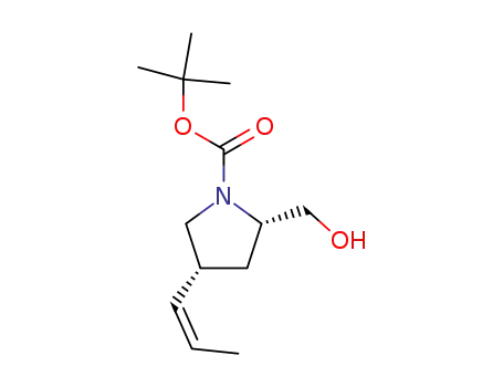 Molecular Structure of 827342-83-6 (1-Pyrrolidinecarboxylic acid, 2-(hydroxymethyl)-4-(1Z)-1-propenyl-,
1,1-dimethylethyl ester, (2S,4R)-)