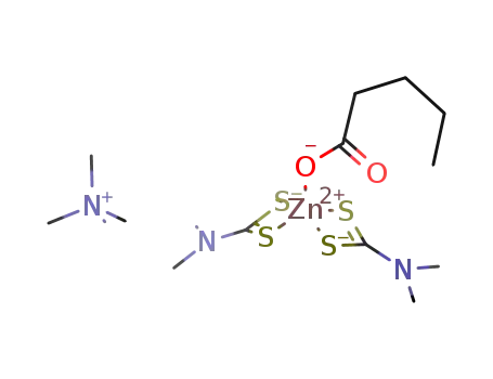 Molecular Structure of 75642-78-3 (N(CH<sub>3</sub>)4<sup>(1+)</sup>*Zn(S<sub>2</sub>CN(CH<sub>3</sub>)2)2(OCOCH<sub>2</sub>CH<sub>2</sub>CH<sub>2</sub>CH<sub>3</sub>)<sup>(1-)</sup>=[N(CH<sub>3</sub>)4][Zn(S<sub>2</sub>CN(CH<sub>3</sub>)2)2(OCOCH<sub>2</sub>CH<sub>2</sub>CH<sub>2</sub>CH<sub>3</sub>)])